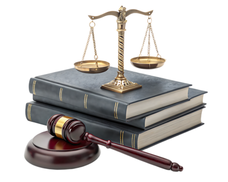 Still life featuring scales of justice atop law books with a wooden gavel in the foreground