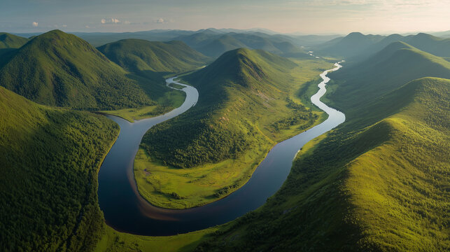 Aerial View of a Serpentine River Bend in Lush Green Valley - Powered by Adobe