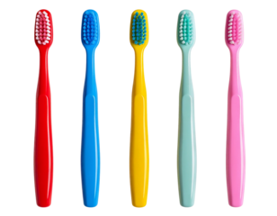Top-Down Flat Lay of Multiple Colorful Toothbrushes in Row, Symmetrical Composition, Transparent Background