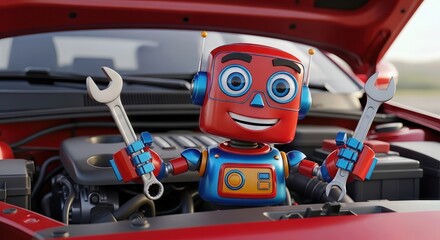 A friendly red robot mechanic with big blue eyes holds wrenches while working on a car engine under the open hood