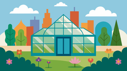 Fototapeta premium Botanical Garden Near City with Glass Greenhouse