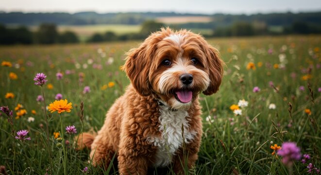 Havapoo. Dog Sitting in Meadow with Wildflowers on Sunny Day