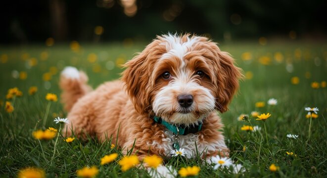 Havapoo. Dog Resting in Field of Wildflowers on Sunny Day