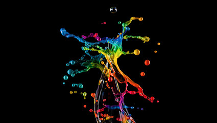 Obraz premium Vibrant Rainbow Paint Explosion Capturing Dynamic Motion and Colorful Splashes Against a Dark Backdrop, Showcasing Fluid Artistry