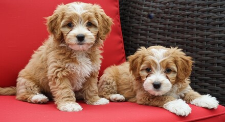 Havapoo. Two Cute Puppies Sitting on Red Cushion Looking at Camera