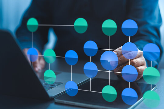 Concept illustration. data flow model. diagram. workflow. Businessman using data flow and workflow example with diagram showing on computer screen.