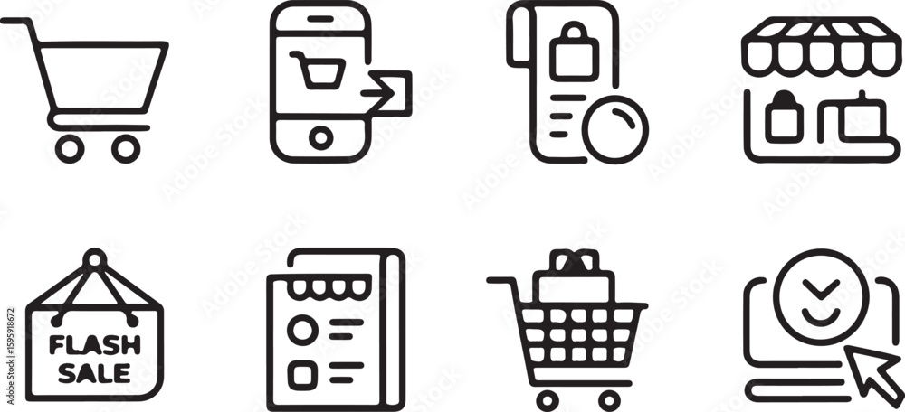Poster set of vector icons representing online shopping including a mobile phone shopping cart store front 