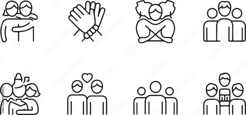 Poster set of line art icons representing teamwork collaboration support and community featuring hands clap