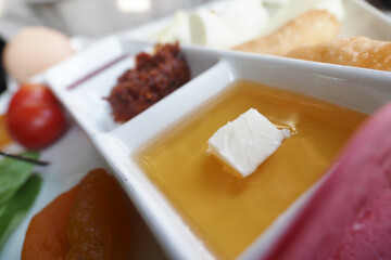 Delicious Turkish breakfast with cheese and honey