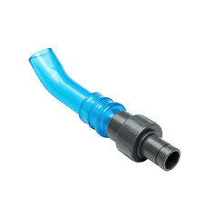 A new hydration bladder mouthpiece with a transparent blue silicone bite valve and dark gray plastic base, isolated on a transparent background with even studio lighting, concept for commercial