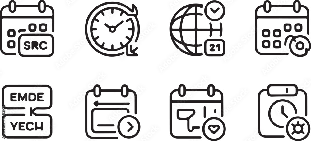 Poster set of four black and white line icons representing time management scheduling and planning includin