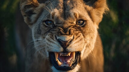 A fierce lioness showing her fangs, set against a blurred savanna under dramatic lighting.