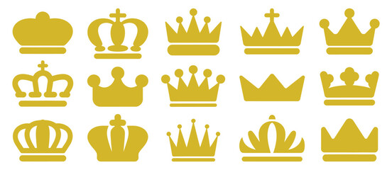 Collection of golden royal crowns and tiaras on white background