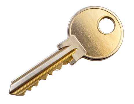  Shiny Golden Key with Circular Head Centered and Isolated on Transparent Background PNG