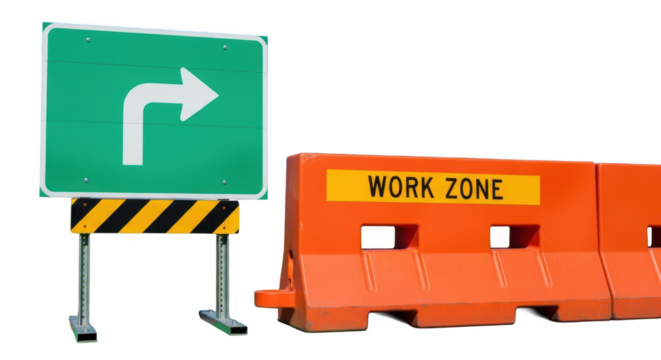 A green road sign with a right turn arrow stands beside an orange "Work Zone" barrier.