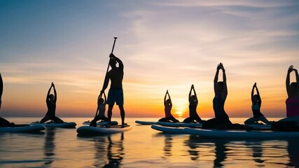 Sunset SUP Yoga Class - Silhouetted figures of a yoga instructor and students perform yoga poses on paddleboards during a vibrant sunset.