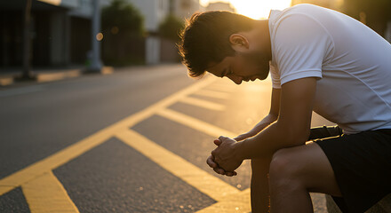 Exhausted young athlete sits alone on curb after difficult workout
