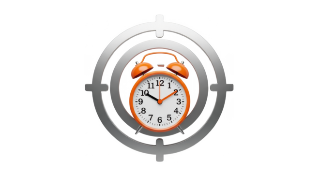 An orange alarm clock is centered within a target symbol, set against a clean white background.