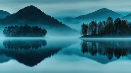 Fototapeta premium Misty lake scene featuring forest islands reflecting in calm water