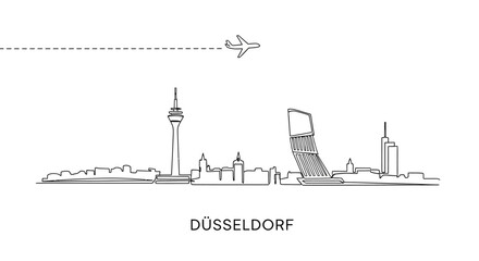 Dusseldorf skyline Plane flies above city.