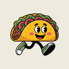 Happy cartoon taco character running with a smile
