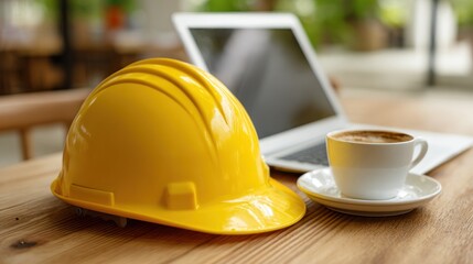 Yellow hard hat, laptop, and coffee cup on a wooden table