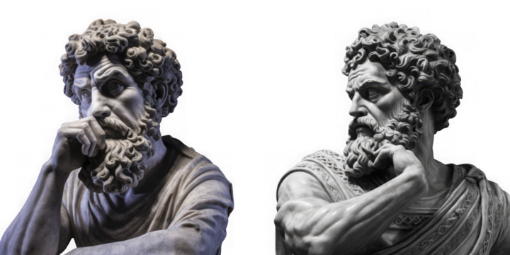 Two ancient marble sculptures of men with beards in thoughtful poses isolated on transparent background