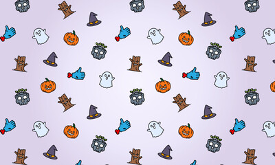 A Fun And Spooky Seamless Halloween Pattern Featuring Cute Ghosts, Pumpkins, Zombie Hands, Witch Hats, And Skulls On A Soft Purple Gradient Background. Ideal For Holiday Decor, Textiles, And Prints.