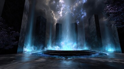 Mystical Glowing Blue Pillars and Platform Under a Stormy Night Sky