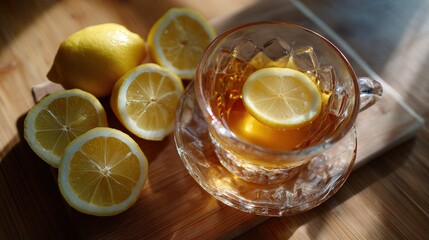 Golden Sunlight Illuminates a Glass Cup of Lemon Tea and Sliced Lemons on Wooden Surface