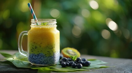 Layered Tropical Smoothie with Kiwi and Blueberry