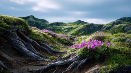 Purple Wildflowers Blooming on Mountain Hills
