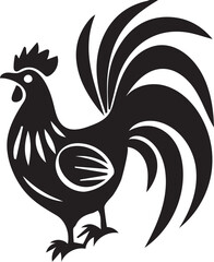 Stylized Black and White Rooster Illustration A Bold Farm Animal Depiction with Classic Artistic Elements and Decorative Undertones in Graphic Design