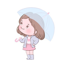 cute girl Standing with an umbrella clipart in pink dress cartoon flat design for children artwork