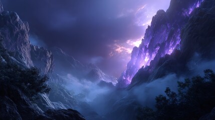 Glowing Purple Mountains at Night Digital Fantasy Landscape