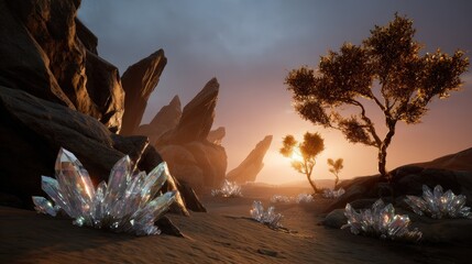 Sunset Desert Landscape with Glowing Crystals and Rocks