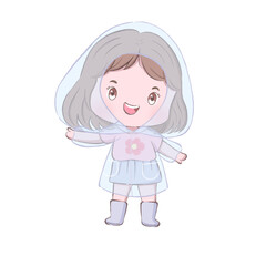cute girl Put on a raincoat clipart in pink dress cartoon style flat design for children artwork
