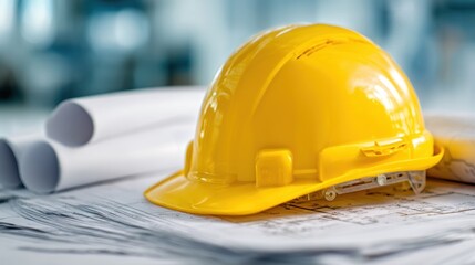 Yellow hardhat on blueprints