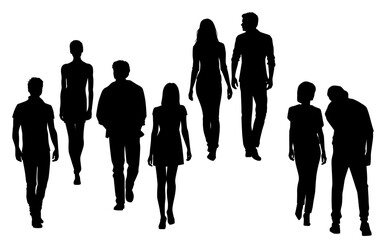 Set of silhouettes of men and women, walking business people, front and back view, vector, profile, black color, isolated on white background
