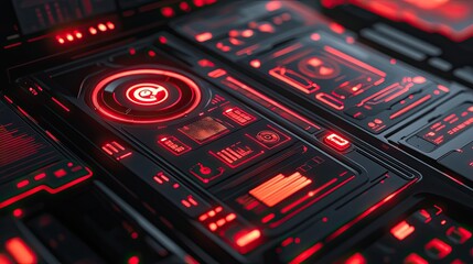 Obraz premium Futuristic geometric design with red and black themes suitable for technology and gaming apps. 