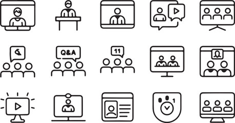 Set of icons representing online meetings webinars video conferences and virtual events perfect for illustrating remote communication and collaboration in a digital environment in a