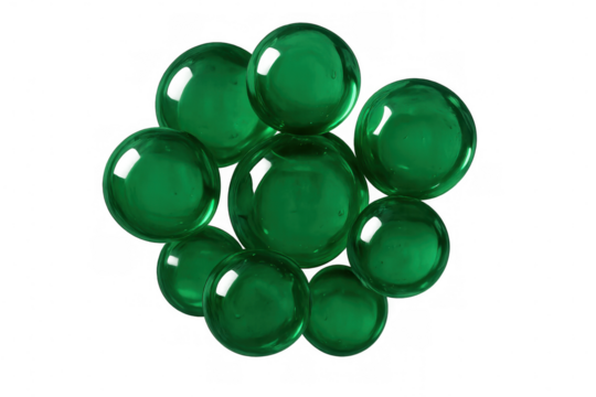 Green spheres clustering in geometric arrangement, forming abstract interconnected pattern against translucent backdrop