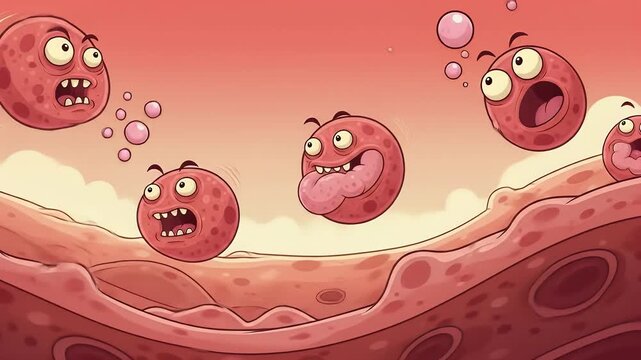 Cartoon microbes breaking down flesh surface with animated enzymes