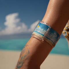 A beautiful woman with a tan body relaxes on the hot sand, her legs near the summer sea, enjoying sunbathing in her bikini