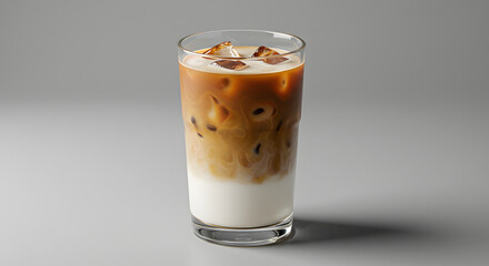 Iced coffee drink in glass with milk and ice cubes on gray background