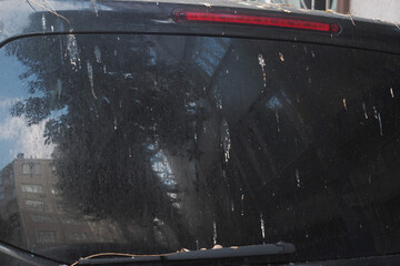 Dirty car window covered in grime and debris
