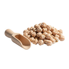 Uncooked chickpeas piled next to a wooden scoop. Perfect for healthy eating, vegan recipes, or grocery ads.