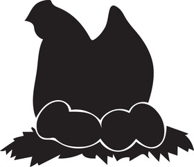 Silhouette of a Hen Nesting on Eggs in a Bed of Straw Peaceful Farm Scene Monochrome Animal Illustration