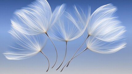 Delicate white seeds floating on a soft and dreamy blue background