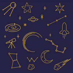 シンプルな宇宙モチーフの線画セット。星座、ロケット、惑星、月、流れ星、宇宙船、天体観測アイコンなどを含むミニマルなベクターイラスト
